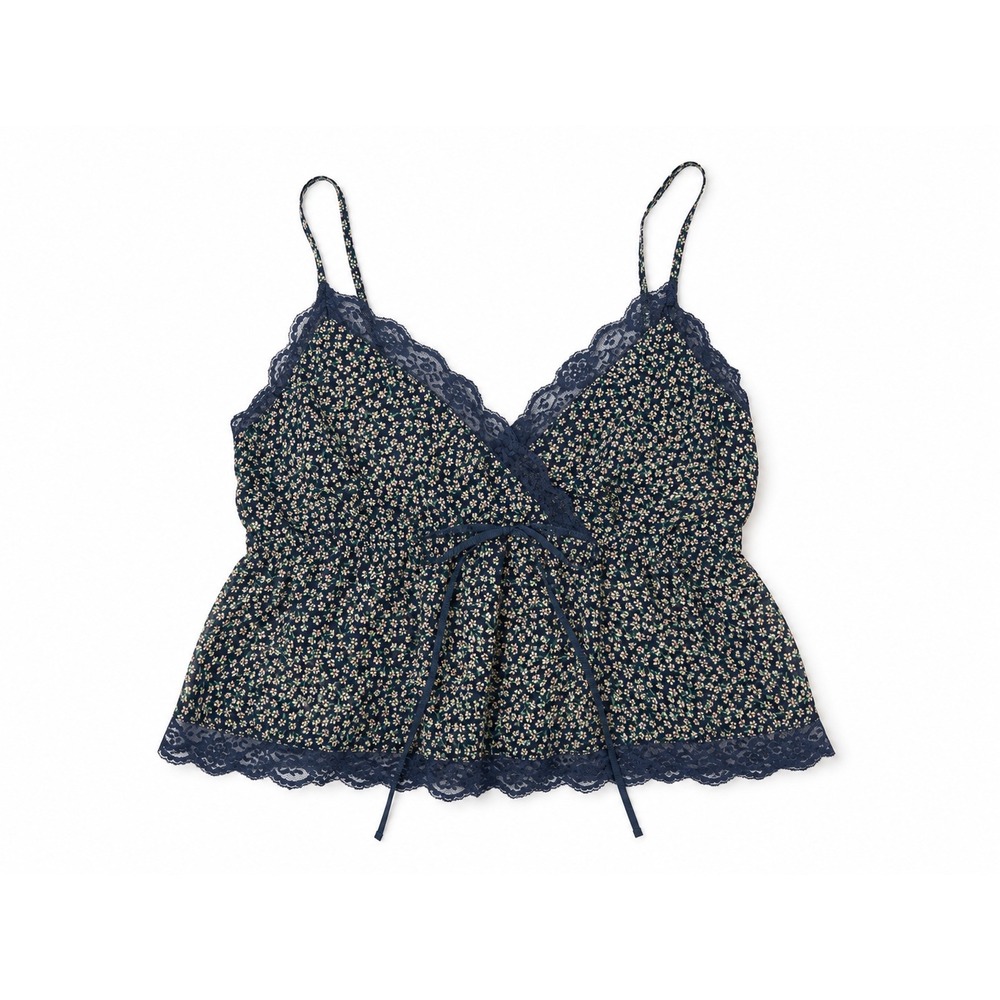 American Eagle Navy Floral Lace Trim Tie Front Peplum Cami Tank Top Large